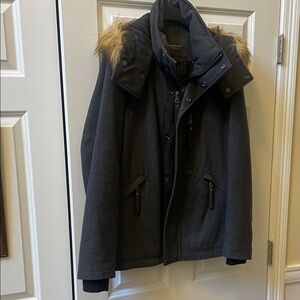 Men's Marc New York Gray Wool Winter Jacket with Faux Fur Hood